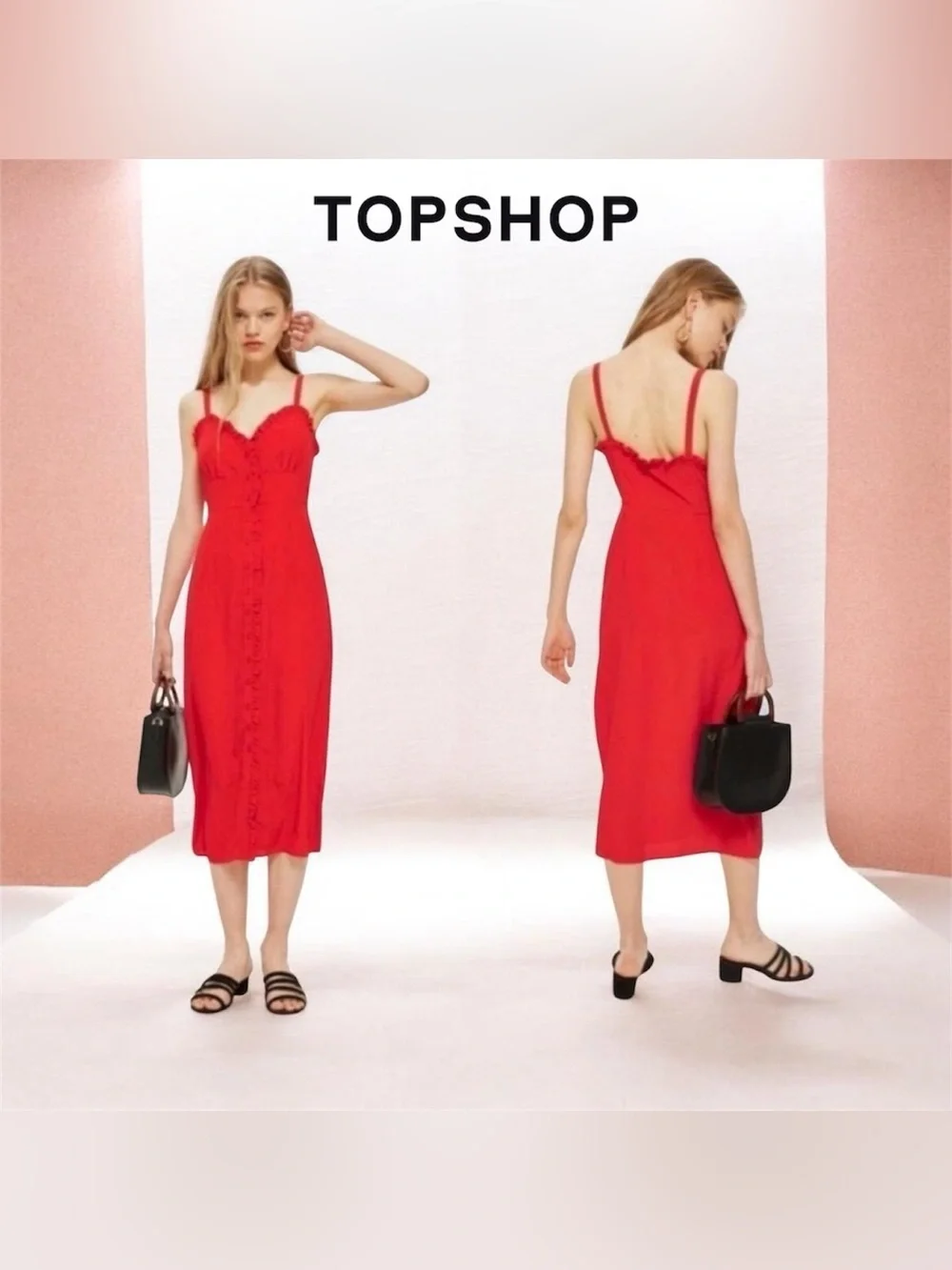 Topshop Red Ruffle-Trim Button Front Dress - Picture 2 of 9